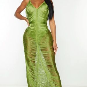 PrettyLittleThing Shape Olive Fringe Detail Midaxi Dress. Size 4